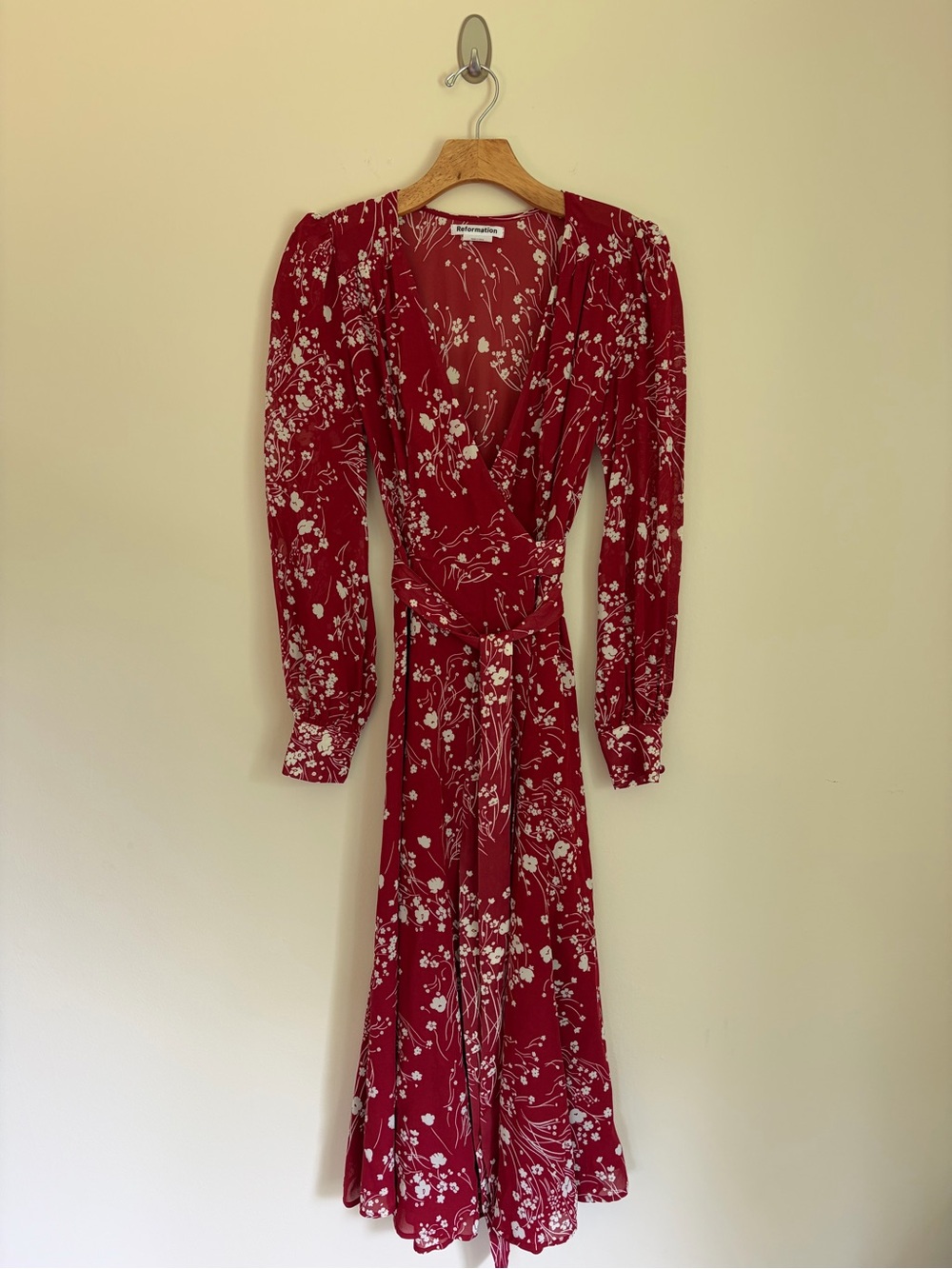 Reformation Red Floral Wrap Midi Dress XS Long Sleeve